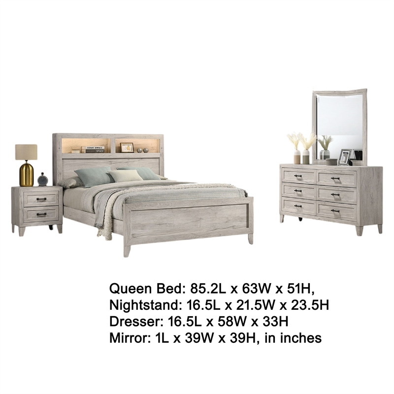 Miot 4pc Queen Bedroom Set- Headboard Shelves w Light- Whitewash