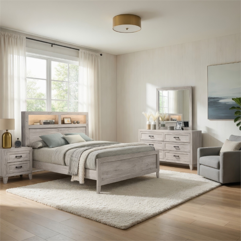 Miot 4pc Queen Bedroom Set- Headboard Shelves w Light- Whitewash