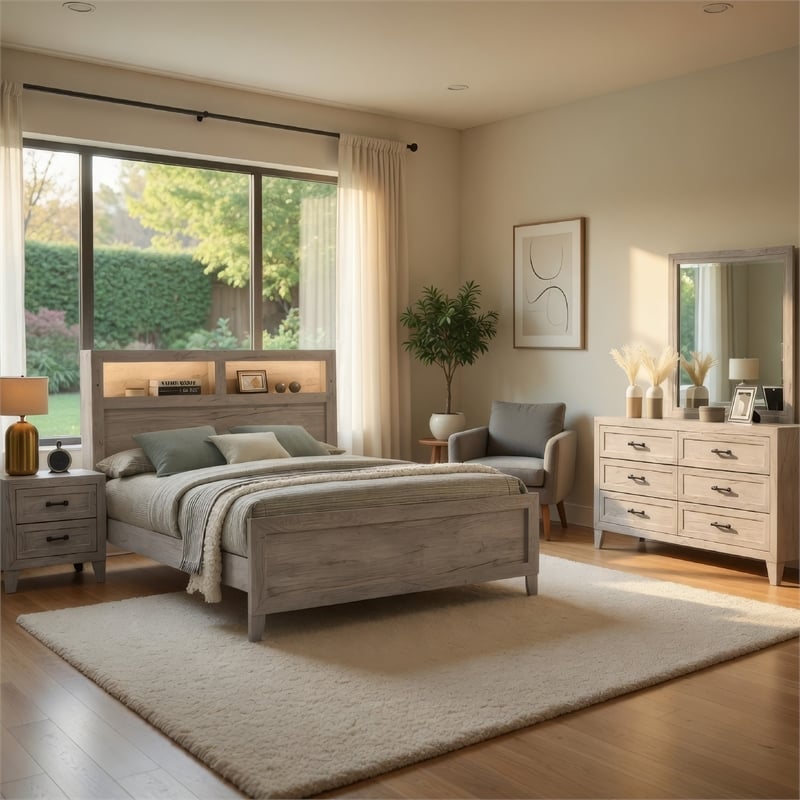 Miot 4pc Queen Bedroom Set- Headboard Shelves w Light- Whitewash