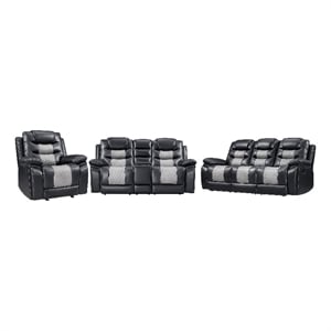 Asher 3pc Manual Recliner Sofa- Loveseat- Chair Set- Black & Gray Faux Leather