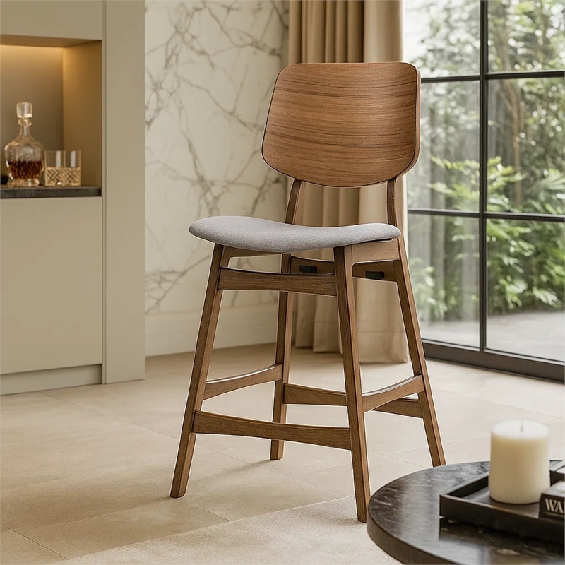 Scar Counter Height Chair Set of 2- Light Gray Cushion- Walnut Brown