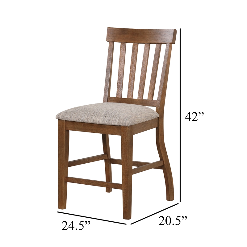 Counter Height Chair Set of 2- Brown Slatted Back- Gray Polyester