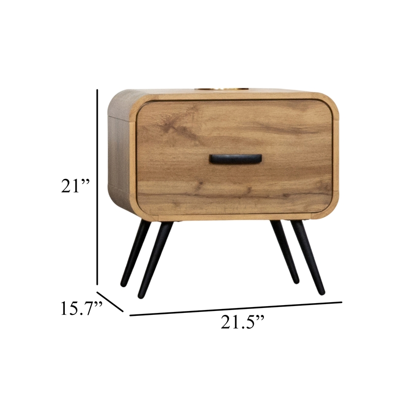 Wea Bed Side End Table- 1 Drawer- Black Angled Legs- Natural Oak Brown