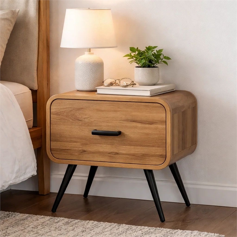 Wea Bed Side End Table- 1 Drawer- Black Angled Legs- Natural Oak Brown