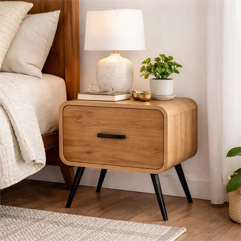 Wea Bed Side End Table- 1 Drawer- Black Angled Legs- Natural Oak Brown