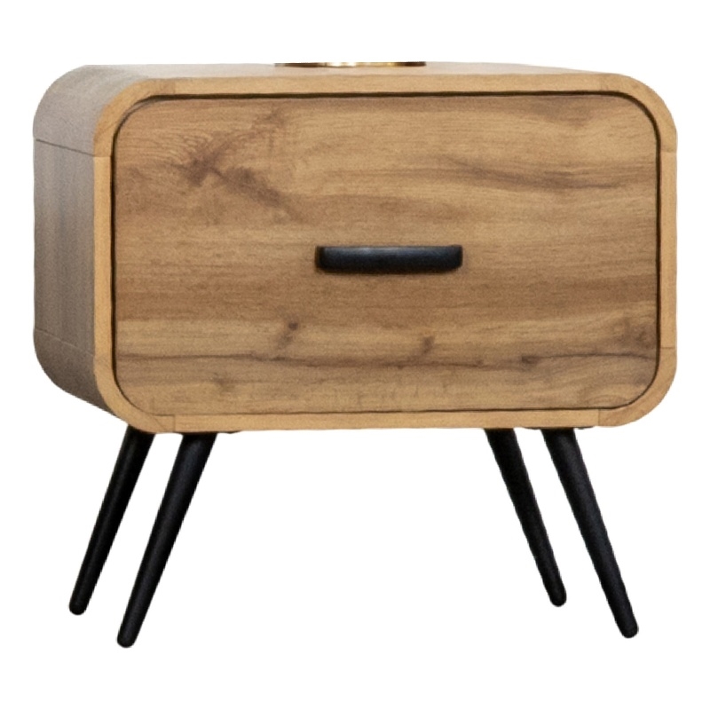 Wea Bed Side End Table- 1 Drawer- Black Angled Legs- Natural Oak Brown