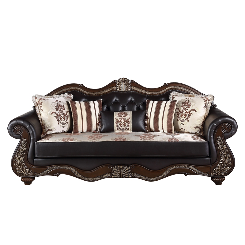 Liana Sofa- Ornate Carving- Lux Cherry Brown Faux Leather- 5 Pillows