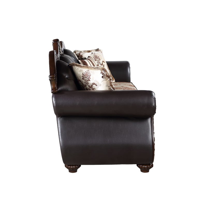 Liana Sofa- Ornate Carving- Lux Cherry Brown Faux Leather- 5 Pillows