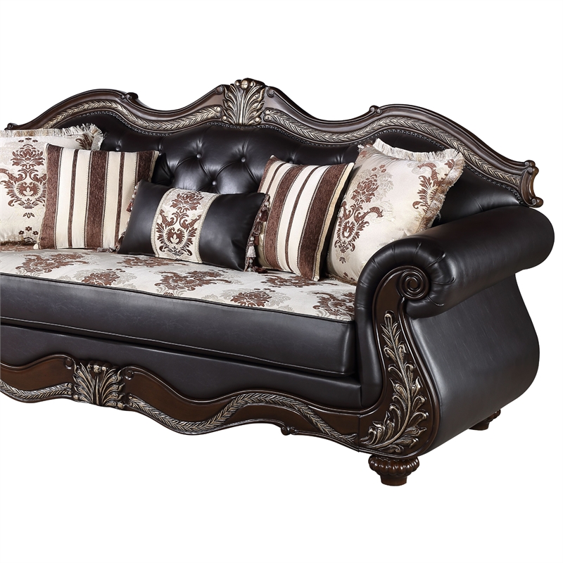 Liana Sofa- Ornate Carving- Lux Cherry Brown Faux Leather- 5 Pillows