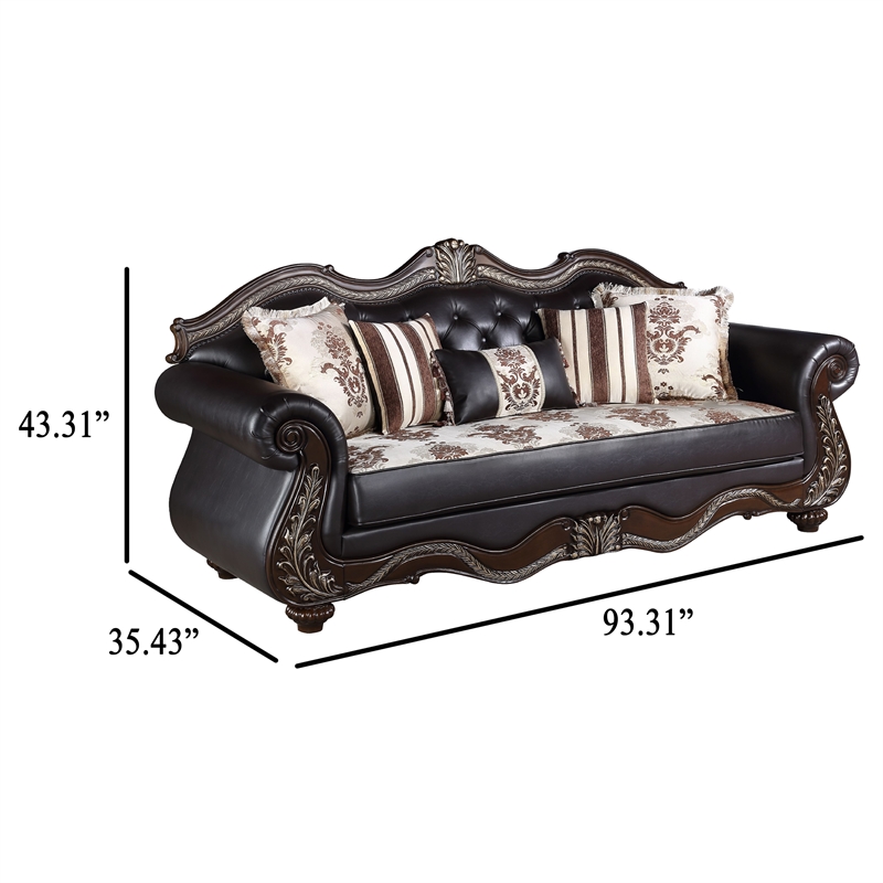 Liana Sofa- Ornate Carving- Lux Cherry Brown Faux Leather- 5 Pillows