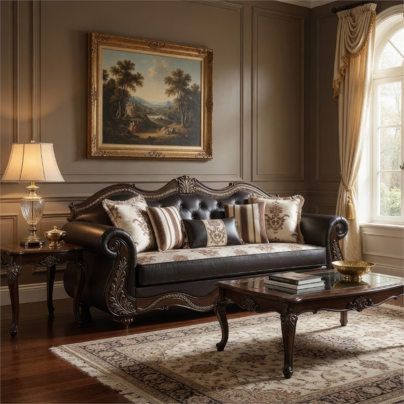 Liana Sofa- Ornate Carving- Lux Cherry Brown Faux Leather- 5 Pillows