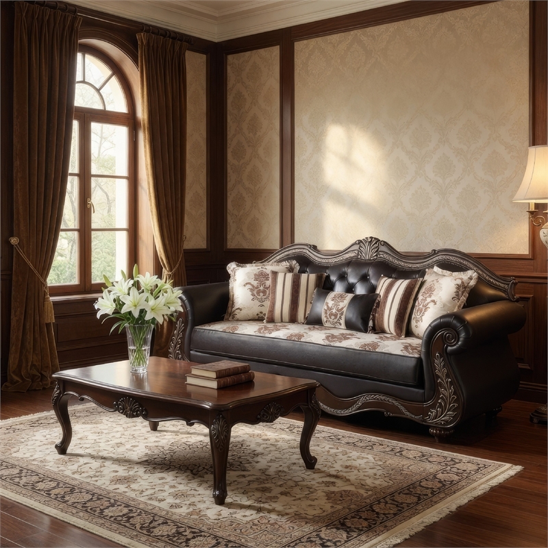 Liana Sofa- Ornate Carving- Lux Cherry Brown Faux Leather- 5 Pillows