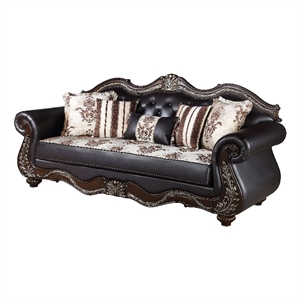Liana Sofa- Ornate Carving- Lux Cherry Brown Faux Leather- 5 Pillows