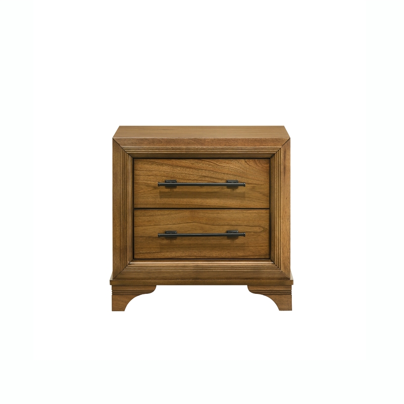 Tey Nightstand- 2 Drawers w Long Black Handles- Honey Brown