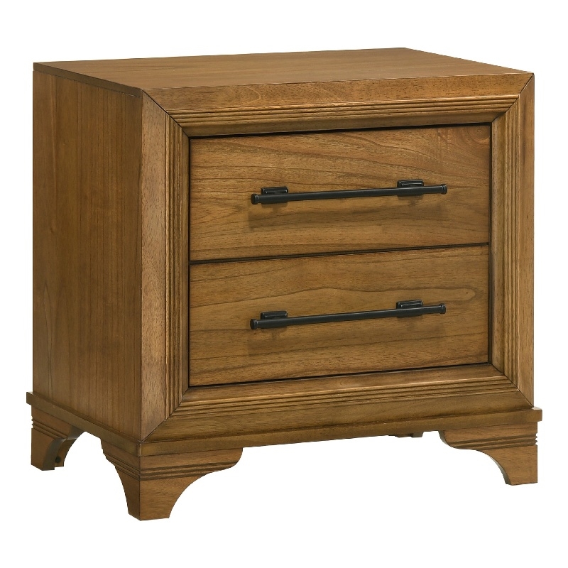 Tey Nightstand- 2 Drawers w Long Black Handles- Honey Brown