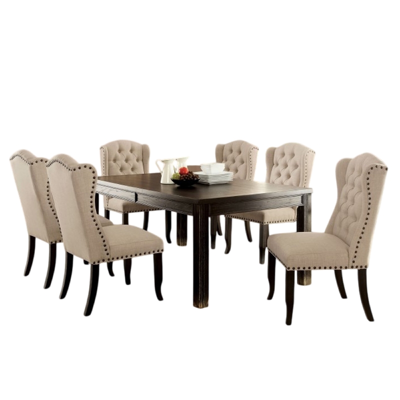 Bega 7pc Counter-Height Table Set- 6 Tufted Nailhead Chairs- Black Wood