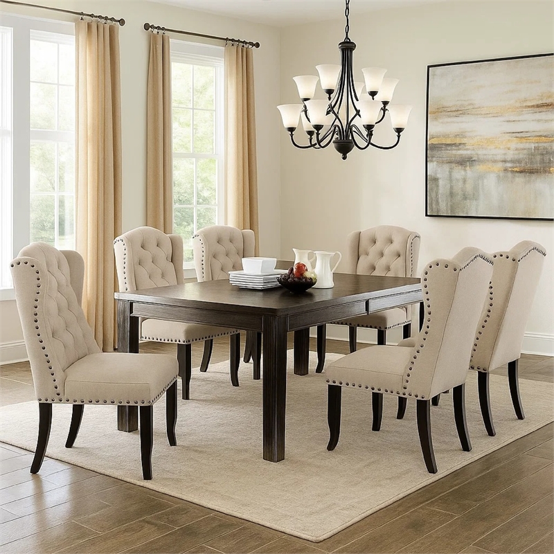 Bega 7pc Counter-Height Table Set- 6 Tufted Nailhead Chairs- Black Wood