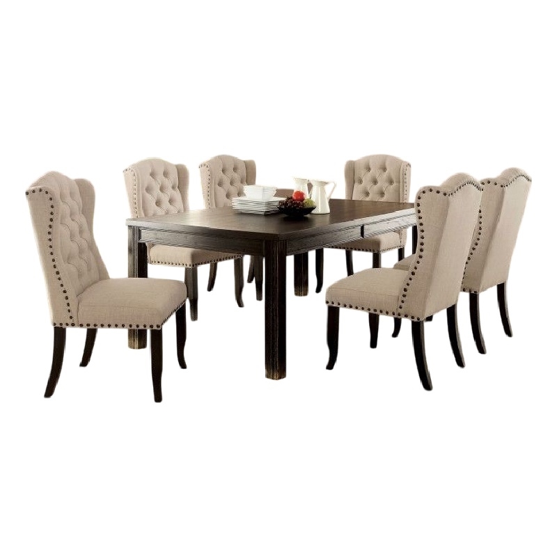Bega 7pc Counter-Height Table Set- 6 Tufted Nailhead Chairs- Black Wood