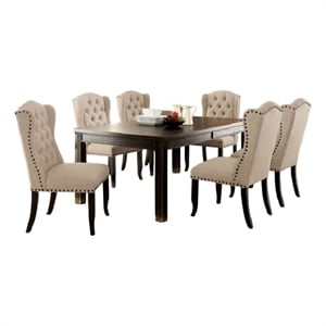 Bega 7pc Counter-Height Table Set- 6 Tufted Nailhead Chairs- Black Wood