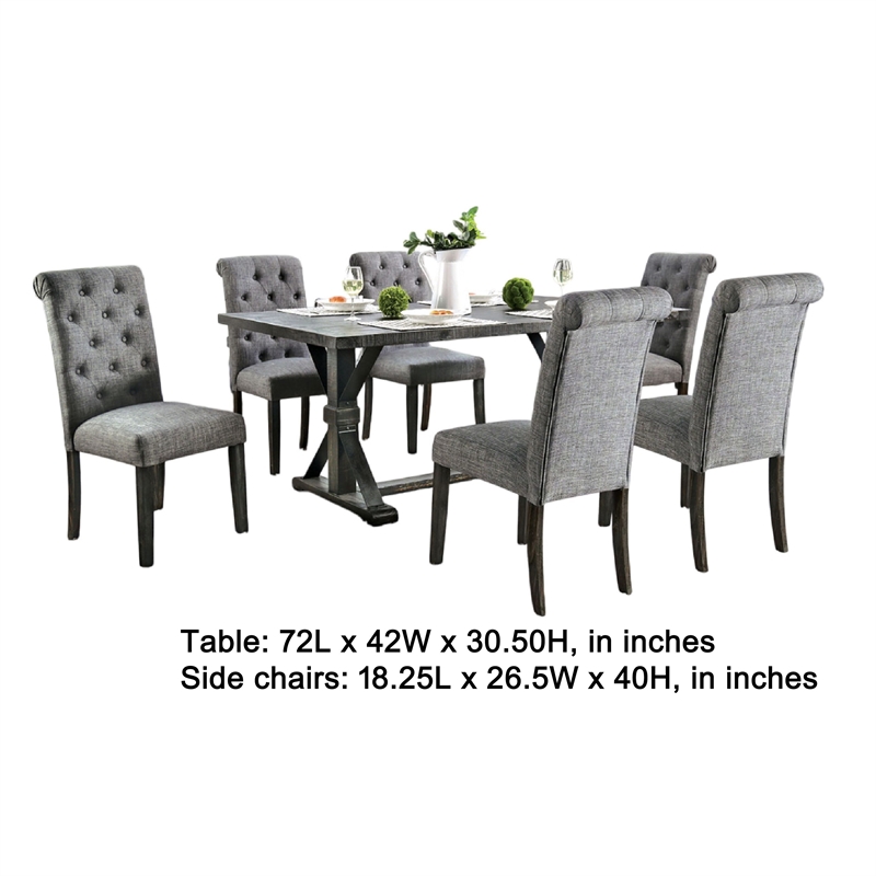 Fredy 7pc Dining Table Set- Dual Pedestal Base- 6 Beige Fabric Chairs