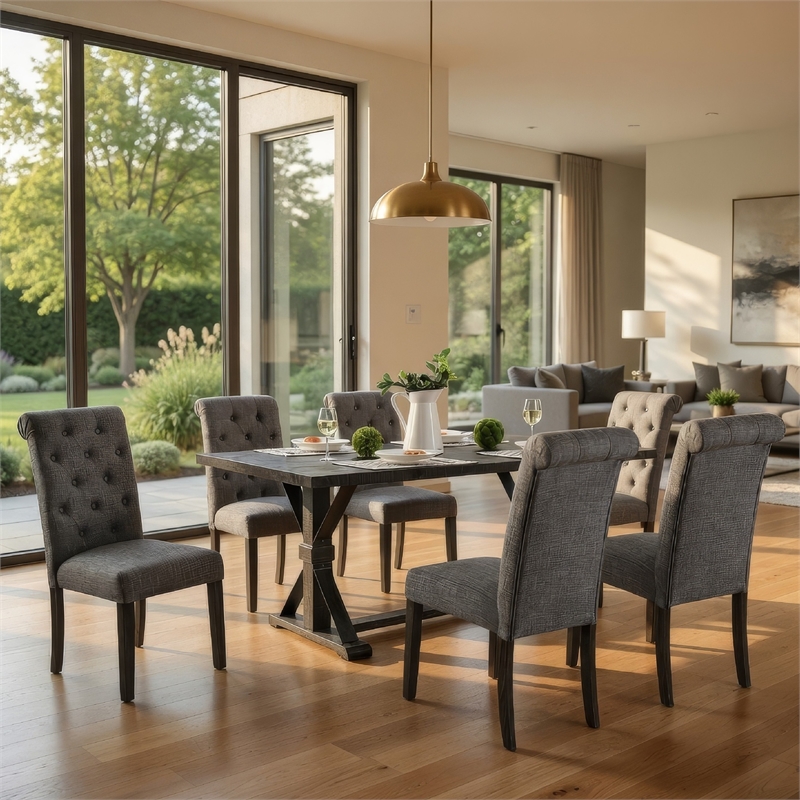Fredy 7pc Dining Table Set- Dual Pedestal Base- 6 Beige Fabric Chairs