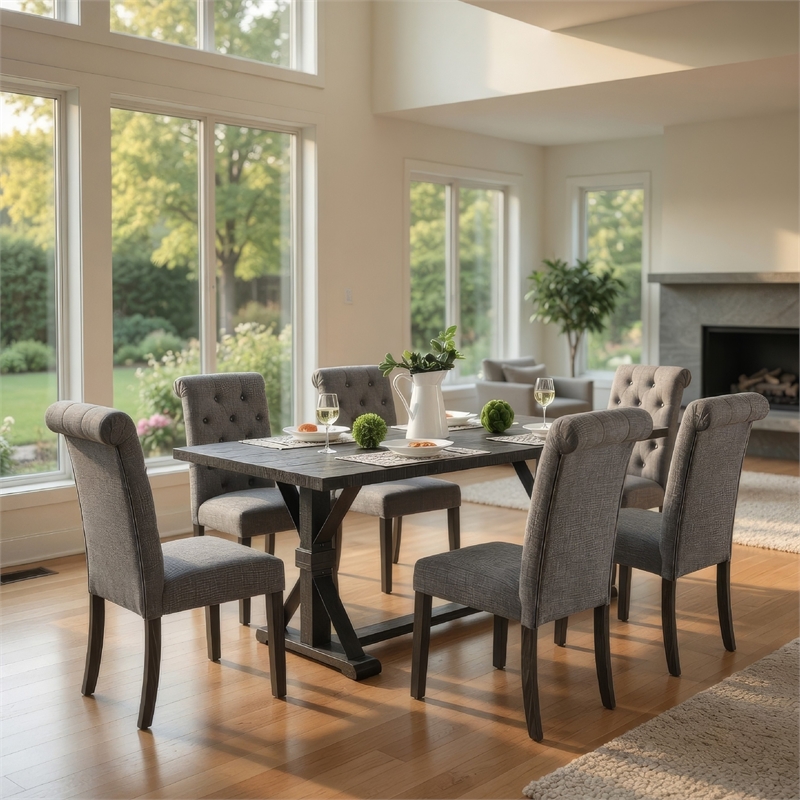 Fredy 7pc Dining Table Set- Dual Pedestal Base- 6 Beige Fabric Chairs
