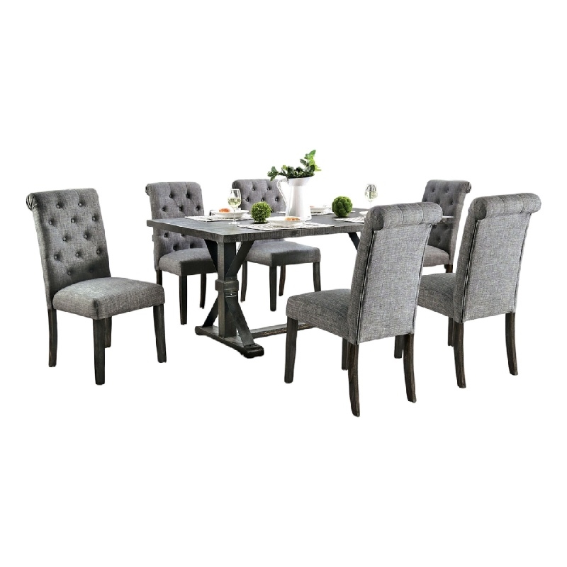 Fredy 7pc Dining Table Set- Dual Pedestal Base- 6 Beige Fabric Chairs