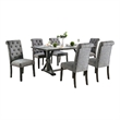 Fredy 7pc Dining Table Set- Dual Pedestal Base- 6 Beige Fabric Chairs