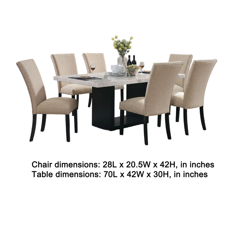 Ronda 7pc Dining Table Set with Marble Top- Beige Fabric Chairs- White