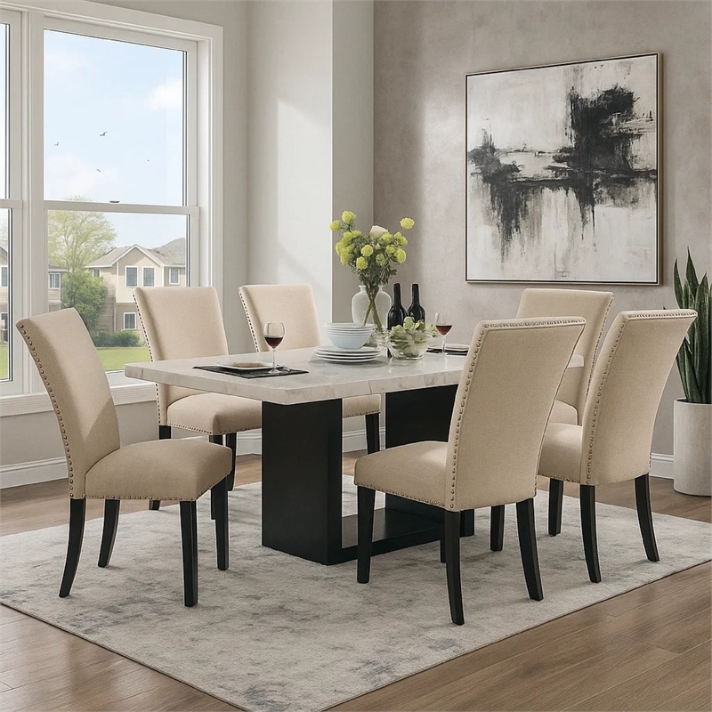 Ronda 7pc Dining Table Set with Marble Top- Beige Fabric Chairs- White