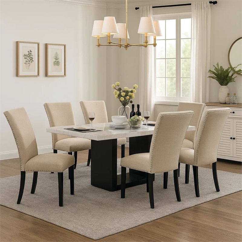 Ronda 7pc Dining Table Set with Marble Top- Beige Fabric Chairs- White