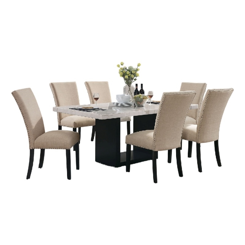 Ronda 7pc Dining Table Set with Marble Top- Beige Fabric Chairs- White