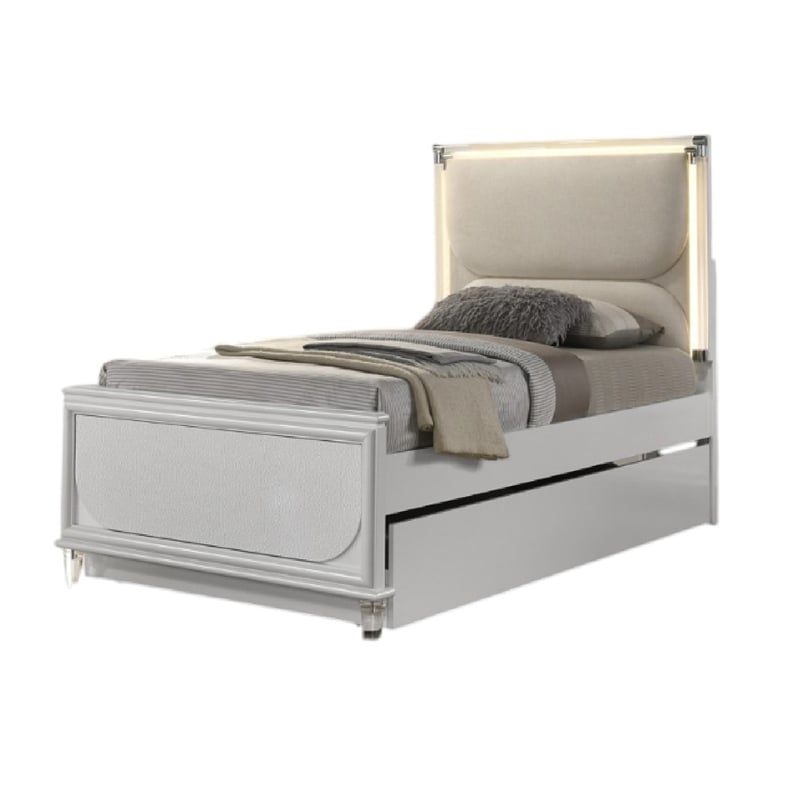 Dima Full Size Bed with Pull Out Trundle and LED Headboard- Pearl White
