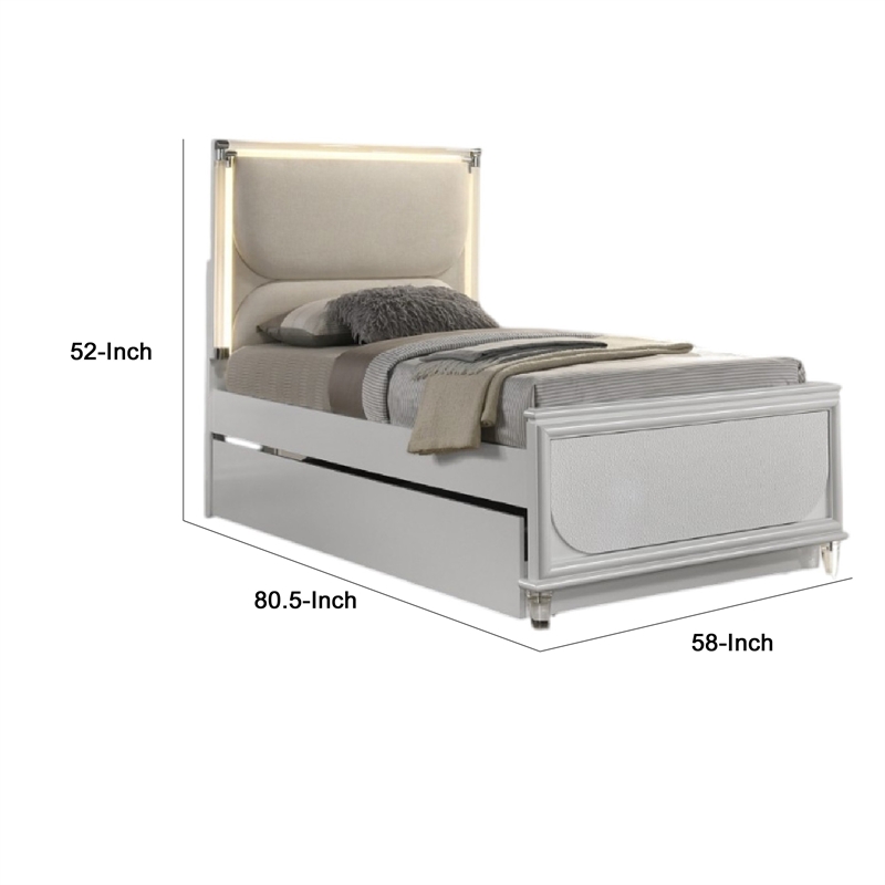 Dima Full Size Bed with Pull Out Trundle and LED Headboard- Pearl White