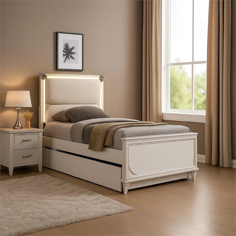 Dima Full Size Bed with Pull Out Trundle and LED Headboard- Pearl White