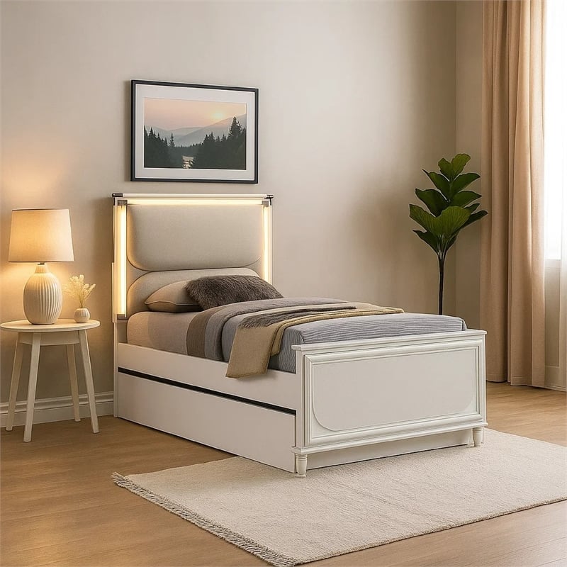 Dima Full Size Bed with Pull Out Trundle and LED Headboard- Pearl White