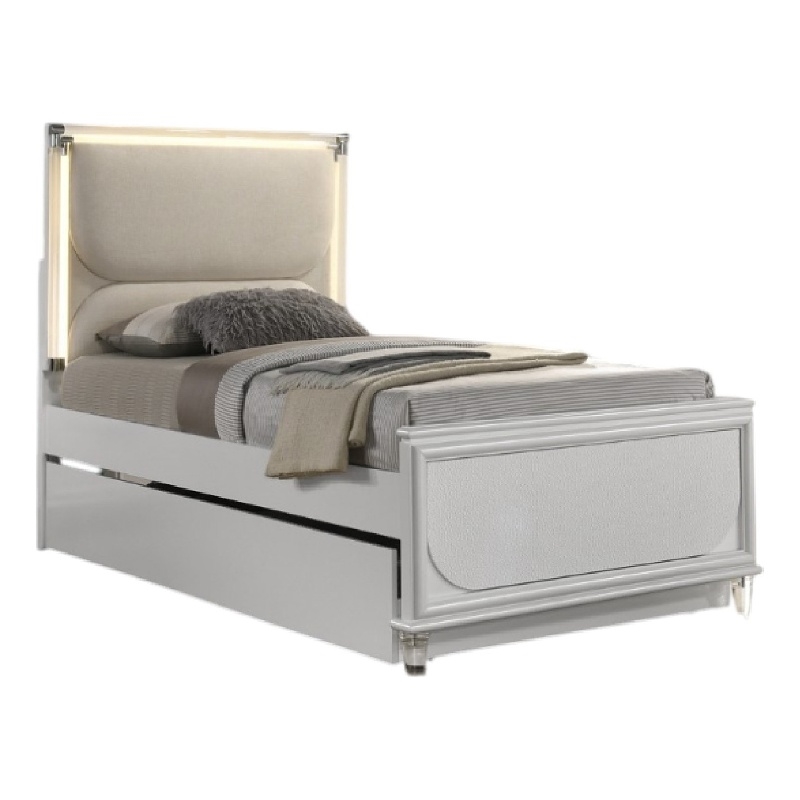 Dima Full Size Bed with Pull Out Trundle and LED Headboard- Pearl White