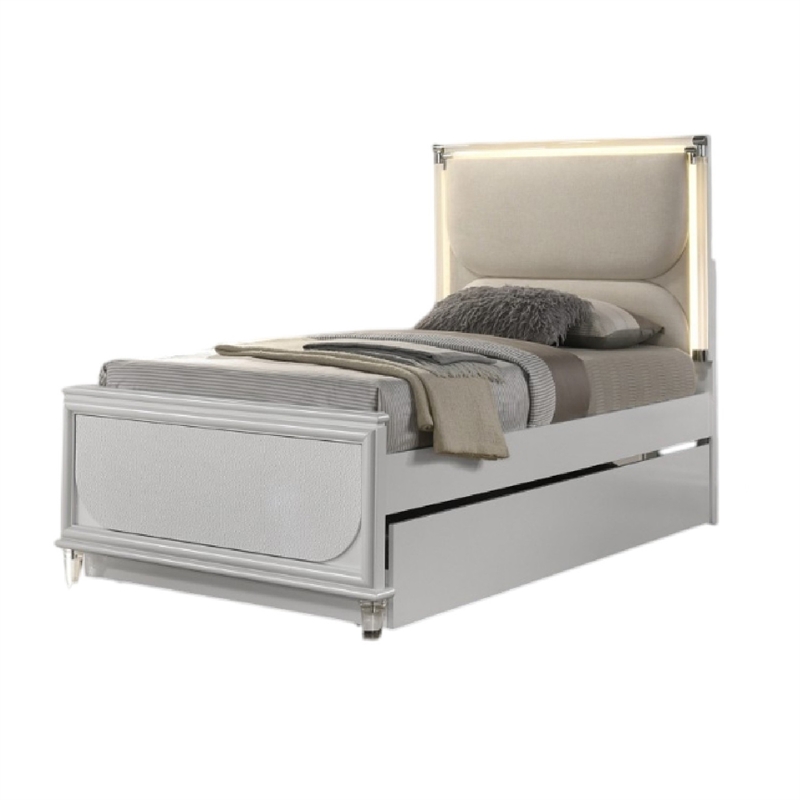 Dima Twin Size Bed with Pull Out Trundle and LED Headboard- Pearl White