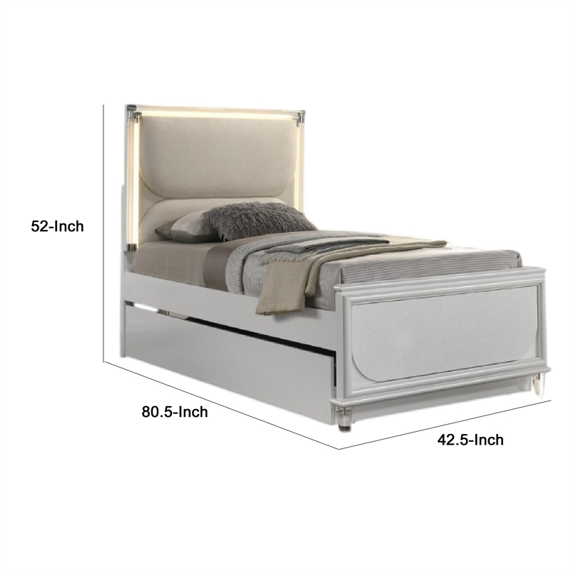 Dima Twin Size Bed with Pull Out Trundle and LED Headboard- Pearl White