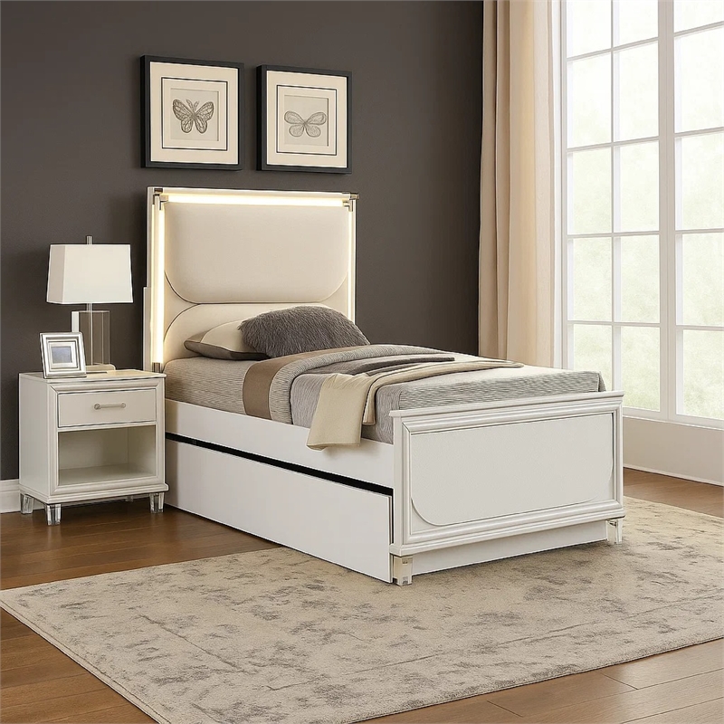 Dima Twin Size Bed with Pull Out Trundle and LED Headboard- Pearl White