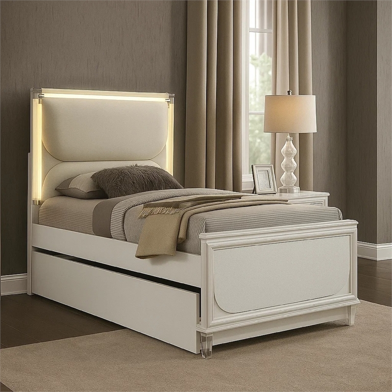 Dima Twin Size Bed with Pull Out Trundle and LED Headboard- Pearl White