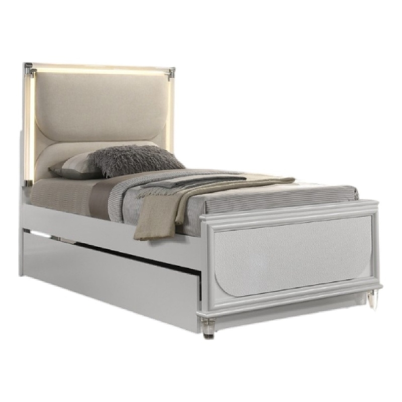 Dima Twin Size Bed with Pull Out Trundle and LED Headboard- Pearl White