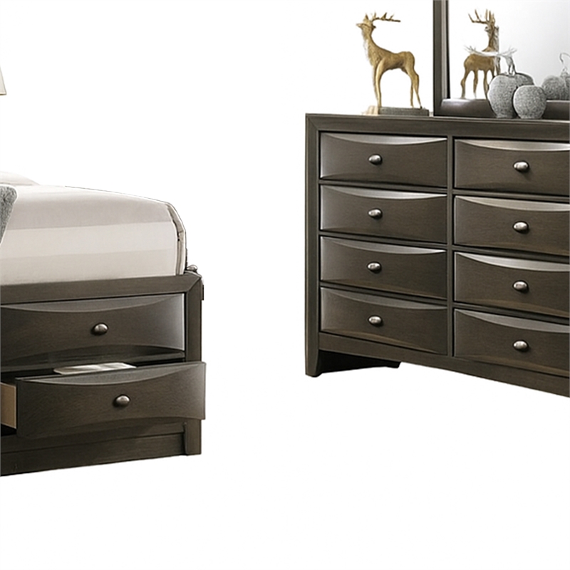Simo 5pc Queen Bedroom Set w Bookcase Headboard- 2 Nightstands- Gray