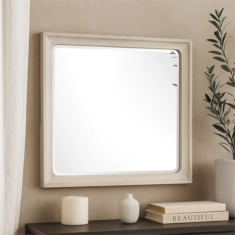 Rozie Dresser Mirror- Bevelled Accents- Light Brown Solid Wood 36x40