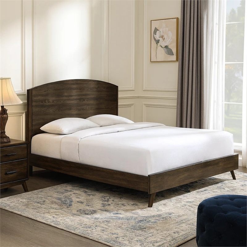 Roxy Queen Bed with Mid-Century Modern Design- Walnut Brown Okume