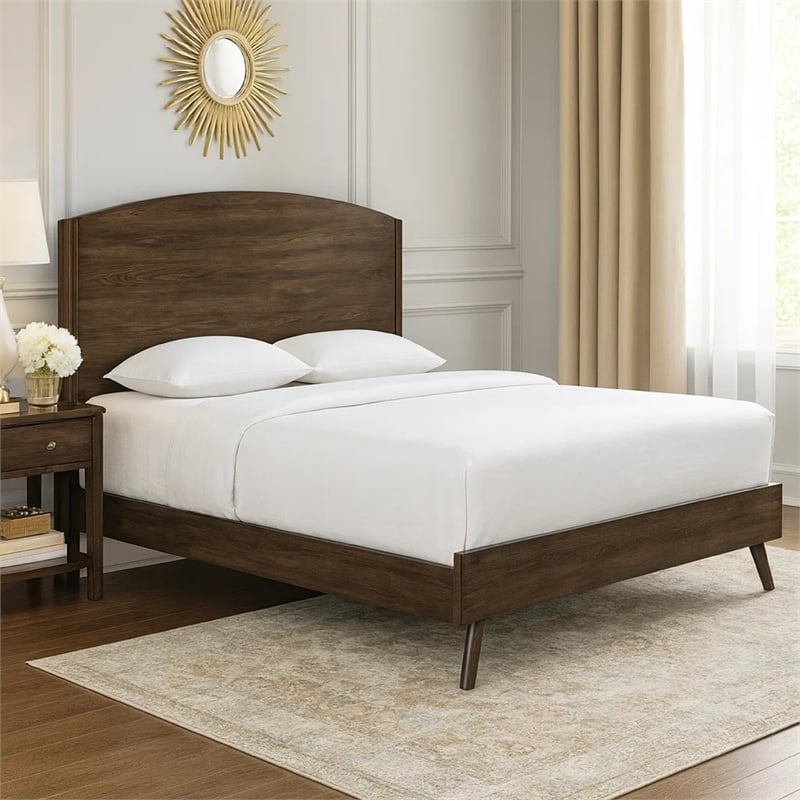 Roxy Queen Bed with Mid-Century Modern Design- Walnut Brown Okume