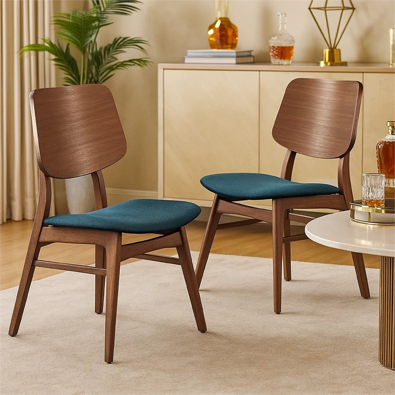 Scar Dining Side Chair Set of 2- Teal Green Seat- Walnut Brown Wood
