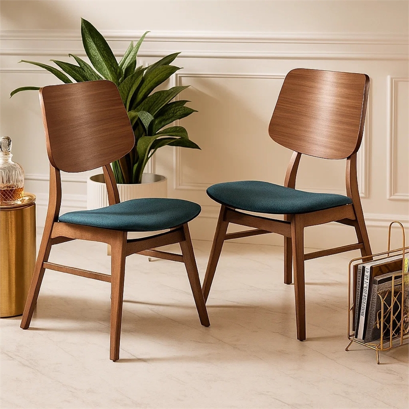 Scar Dining Side Chair Set of 2- Teal Green Seat- Walnut Brown Wood