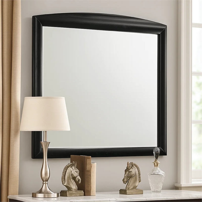 Sevy Dresser Mirror- Curved Top- Onyx Black Solid Rubberwood- 41x46