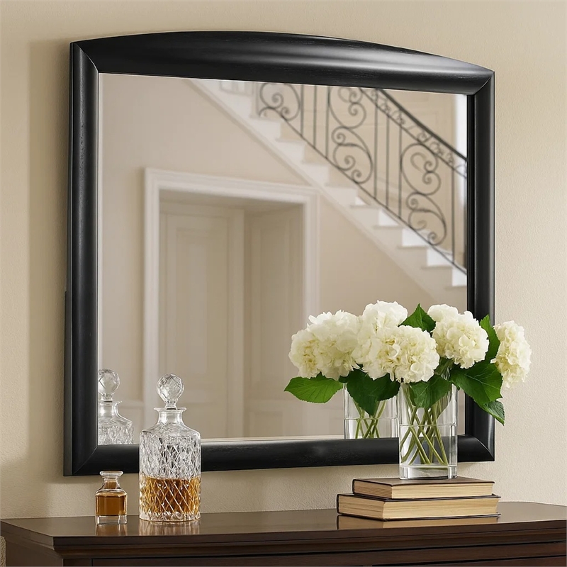 Sevy Dresser Mirror- Curved Top- Onyx Black Solid Rubberwood- 41x46